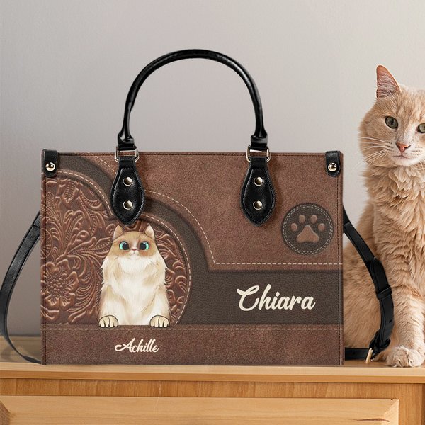 Borsa tote in pelle PU conciata a spina di pesce personalizzata con gatto nome e tracolla regalo perfetto per gli amanti dei gatti