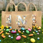 Coniglietto acquerellato personalizzato Fiori Uova iniziali Borsa in iuta con nome Regalo di compleanno di Pasqua per bambini