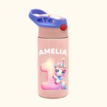 Personalisierte Fantasy Einhorn Dinosaurier Zahl 12oz isolierte Wasserflasche mit Griff und Silikon-Stroh Kindertag zurück zu Schule Geschenk für Kinder
