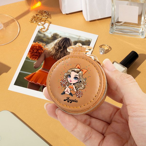 Gepersonaliseerd Cartoon Cheerleading Meisje Draagbare Leren Naam Ringhouder Sieraden Etui met Sleutelhanger Reis Accessoires Verjaardagscadeau voor Vrouwen