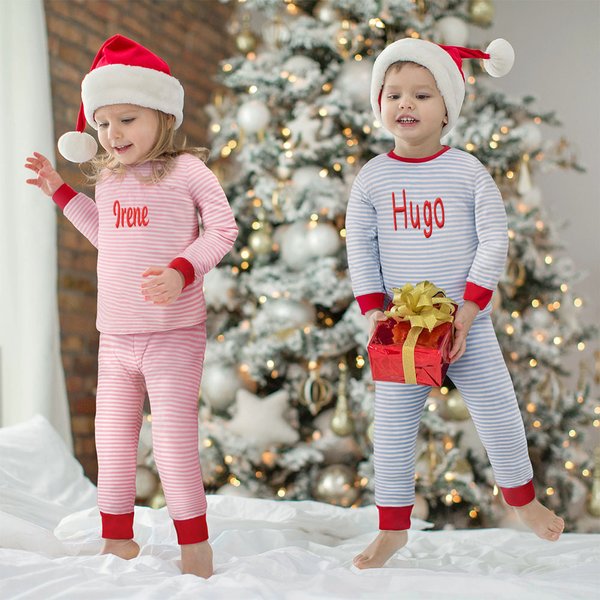 Conjunto de pijamas personalizados suaves a rayas de navidad con nombre bordado regalo de Navidad para niños
