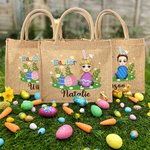 Personalizado Divertido Flores Verde Hierba Abrazo Huevo Caricatura Personaje Yute Bolsa Tote con Nombre Pascua Actividad Fiesta Regalos para Niños