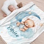 Coperta morbida design luna e orsacchiotto addormentato personalizzato con nome decorazione per camera da letto regalo di compleanno per bambini