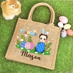 Personalizado Divertido Flores Verde Hierba Abrazo Huevo Caricatura Personaje Yute Bolsa Tote con Nombre Pascua Actividad Fiesta Regalos para Niños