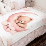 Coperta morbida design luna e orsacchiotto addormentato personalizzato con nome decorazione per camera da letto regalo di compleanno per bambini