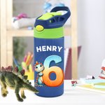 Personalisierte Fantasy Einhorn Dinosaurier Zahl 12oz isolierte Wasserflasche mit Griff und Silikon-Stroh Kindertag zurück zu Schule Geschenk für Kinder