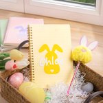 Personalised Cute Bunny Name A5 Spiral Notebook and Pom Puff Pen Set with 156 Lined Pages Birthday Easter Gift for Boys Girls