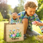 Personalizado Divertido Flores Verde Hierba Abrazo Huevo Caricatura Personaje Yute Bolsa Tote con Nombre Pascua Actividad Fiesta Regalos para Niños