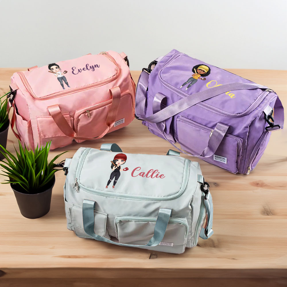 Sac de voyage personnalisé avec nom et courroie d'épaule Baseball Softball Cartoon Girl Cadeau d'anniversaire pour les femmes
