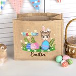 Personalizado Divertido Flores Verde Hierba Abrazo Huevo Caricatura Personaje Yute Bolsa Tote con Nombre Pascua Actividad Fiesta Regalos para Niños