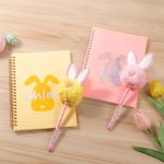 Personalised Cute Bunny Name A5 Spiral Notebook and Pom Puff Pen Set with 156 Lined Pages Birthday Easter Gift for Boys Girls
