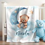 Coperta morbida design luna e orsacchiotto addormentato personalizzato con nome decorazione per camera da letto regalo di compleanno per bambini