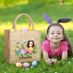 Personalizado Divertido Flores Verde Hierba Abrazo Huevo Caricatura Personaje Yute Bolsa Tote con Nombre Pascua Actividad Fiesta Regalos para Niños