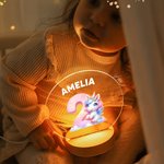 Personalizada Fantasía Unicornio Dinosaurio Dibujos animados Número LED Luz de Noche con Nombre y Base de Madera Decoración de Guardería Cumpleaños Baby Shower Regalo para Niños