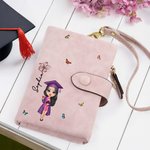 Personalized Graduate Character Birth Flower Butterfly Leather Tri-folded Wristlet Wallet with Name and Card Holder Birthday Graduation Gift for Women