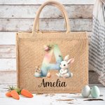 Coniglietto acquerellato personalizzato Fiori Uova iniziali Borsa in iuta con nome Regalo di compleanno di Pasqua per bambini