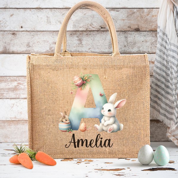 Personalisiertes Tote Bag Jute-Tasche Aquarell Hase Blumen Eier Initial mit Namen Ostern Geburtstag Geschenk für Kinder