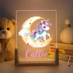 Personalizado lindo fantasía unicornio luna nombre diseño LED luz de noche con base de madera guardería habitación decoración cumpleaños Baby Shower regalo para los niños