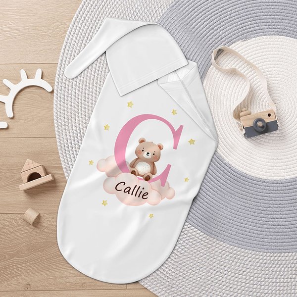 Personalised Multi-colour Cute Animal 100% Cotton Soft Swaddle and Knot Hat Set with Initial and Name Baby Shower Baptism Gift for Newborn