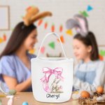 Personalisierte rosa Schleife Hase erste wiederverwendbare Leinwand Korb mit Namen Ei Jagd Zubehör Geburtstag Party Geschenk für Jungen Mädchen