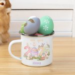 Personalisierte Happy 2025 Ostern niedlich Hase Muster 11oz Silber Rand Edelstahl Emaille Becher mit Namen Ostern Familie Versammlung Party Geschenk für Kinder