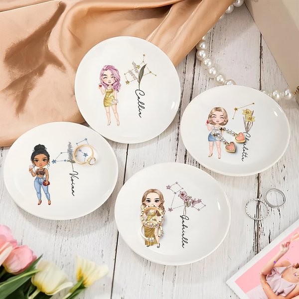 Personalised Zodiac Sign Birth Flower Cartoon Character Name Ceramic Trinket Jewellery Dish Birthday Anniversary Gift for Women Girls