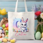 Personalized Cute Bow Bunny Egg Floral Initial Canvas Bag with Name Easter Egg Hunting Game School Party Gift for Kids