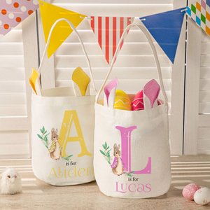 Personifierad söt Peter Rabbit Bunny Ears Bucket Bag Basket Basket med initialer och namn Påskäggsjakt Supplies Födelsedagsfest Favors Present för barn