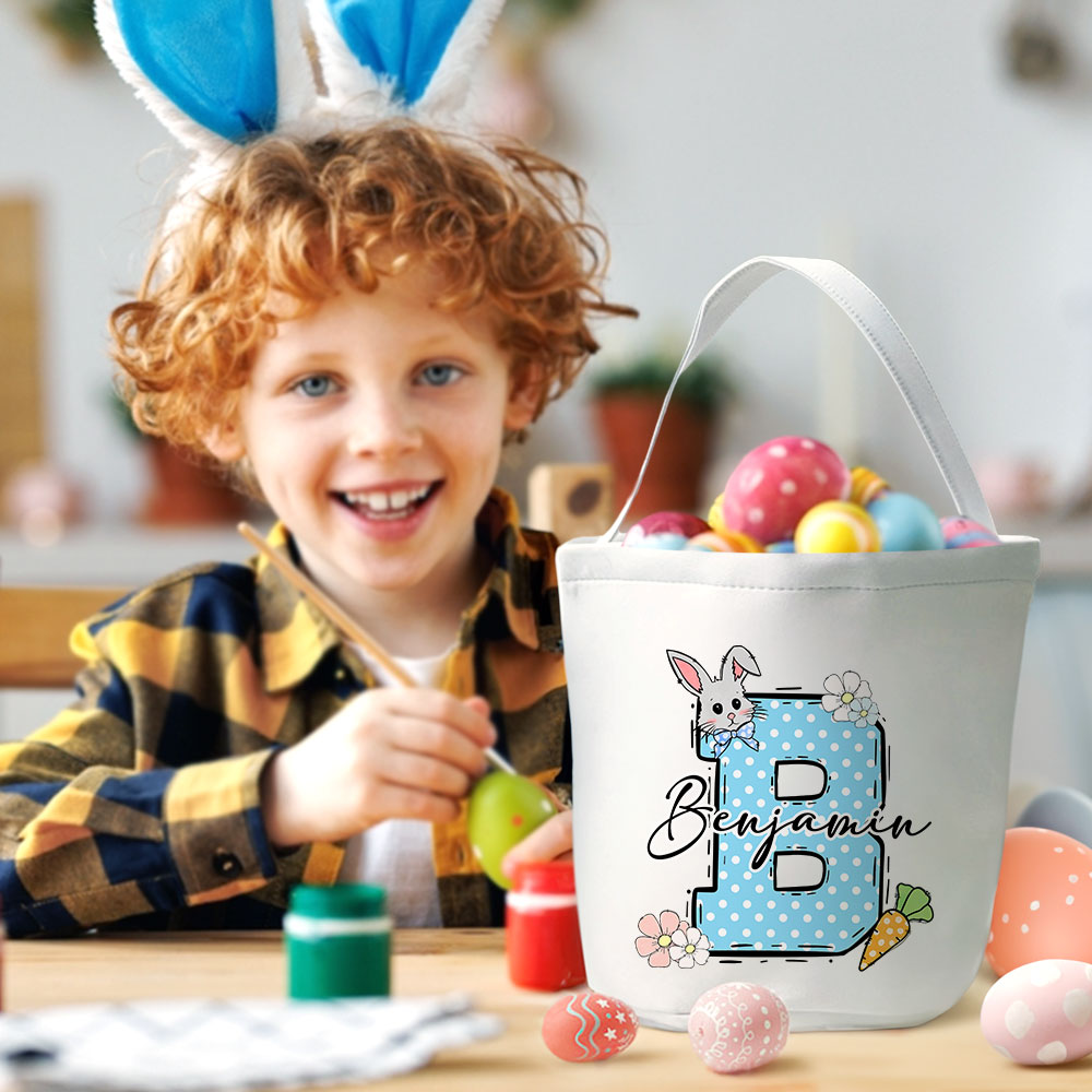 Panier en Toile Réutilisable Personnalisé avec Nom et Initiale Accessoire de Chasse aux Œufs Cadeau Pâques pour Enfant