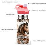 Bouteille d'Eau 350ml Personnalisée avec Nom Bouteille Isotherme à Peinture Cheval avec Paille en Silicone Cadeau Rentrée Scolaire pour Enfant