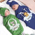 Personalisiertes Weiches Niedliches Tier 100% Baumwolle Schlafsack und Knotenmütze Set mit Initiale Namen Babyparty Taufe Geschenk für Neugeborene
