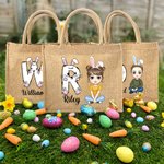 Personalisiertes Tote Bag Jute-Tasche Osterhase Initial Name Cartoon Charakter Ostereiersuche Geburtstag Geschenk für Mädchen Jungen