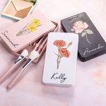Personalized Watercolor Birth Flower Name 5 Pcs Makeup Brush Set with Rotatable LED Mirror and Data Cable Birthday Wedding Travel Gift for Women