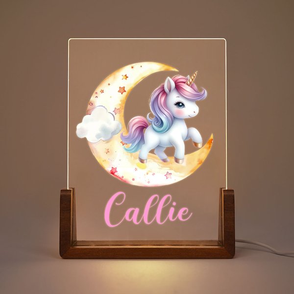 Personalized Cute Fantasy Unicorn Moon Name Design LED Night Light with Wooden Base Nursery Room Decor Birthday Baby Shower Gift for Kids