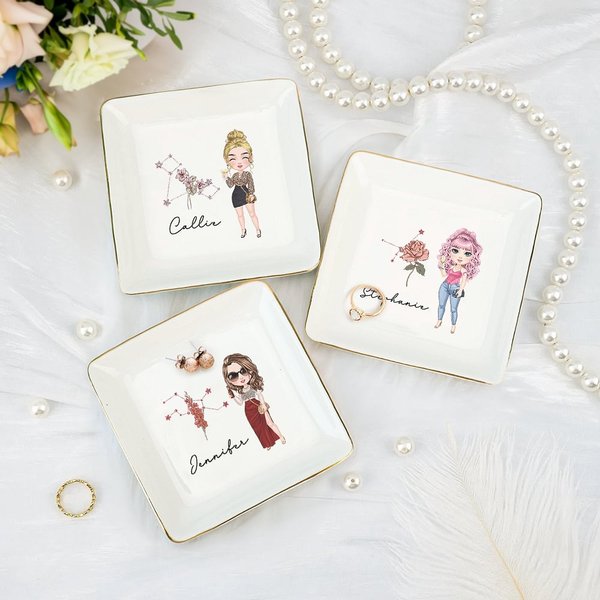 Personalised Faux Glitter Zodiac Birth Flower Cartoon Ceramic Trinket Jewellery Dish with Name Birthday Wedding Home Decor Gift for Women Bridesmaid