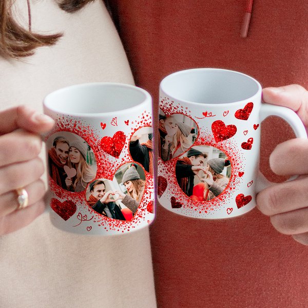 Personalised Glitter Love Heart Couple 4 Photos Collage Ceramic Mug with Handle Valentine's Day Anniversary Gift for Couple