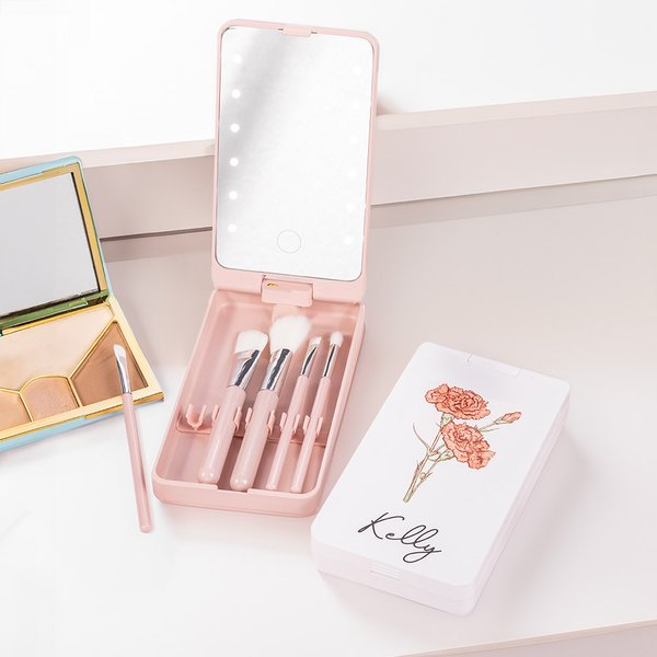Personalisierte Aquarell Geburt Blume Name 5 Stück Make-up Pinsel Set mit drehbaren LED-Spiegel und Datenkabel Geburtstag Hochzeit Reise Geschenk für Frauen