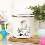 Taza esmaltada personalizada con nombre del conejito de Pascua en acuarela con iniciales 11oz Cumpleaños Fiesta de Pascua Regalo para niños