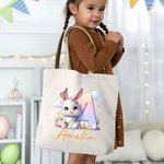 Personalized Cute Bow Bunny Egg Floral Initial Canvas Bag with Name Easter Egg Hunting Game School Party Gift for Kids