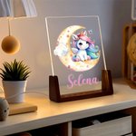 Personalizado lindo fantasía unicornio luna nombre diseño LED luz de noche con base de madera guardería habitación decoración cumpleaños Baby Shower regalo para los niños