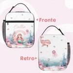 Borsa da pranzo per scuola e picnic portatile impermeabile personalizzato con nome e iniziale design carino rosa fantasia sirena regalo per bambini