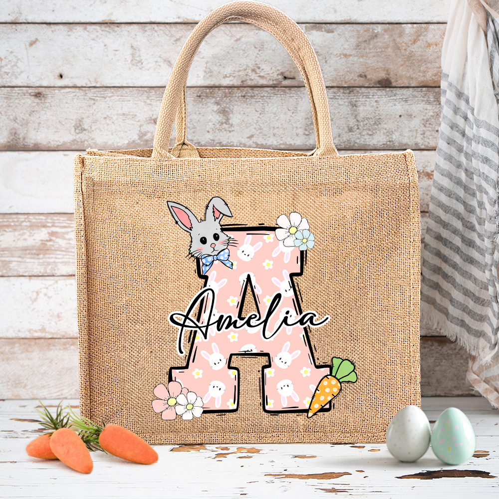 Sac en toile de jute personnalisé avec le nom du lapin de Pâques Carotte initiale Cadeau d'anniversaire de Pâques pour les enfants