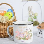 Personalisierte Happy 2025 Ostern niedlich Hase Muster 11oz Silber Rand Edelstahl Emaille Becher mit Namen Ostern Familie Versammlung Party Geschenk für Kinder