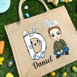 Personalisiertes Tote Bag Jute-Tasche Osterhase Initial Name Cartoon Charakter Ostereiersuche Geburtstag Geschenk für Mädchen Jungen