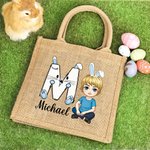 Personalisiertes Tote Bag Jute-Tasche Osterhase Initial Name Cartoon Charakter Ostereiersuche Geburtstag Geschenk für Mädchen Jungen