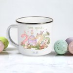 Personalisierte Happy 2025 Ostern niedlich Hase Muster 11oz Silber Rand Edelstahl Emaille Becher mit Namen Ostern Familie Versammlung Party Geschenk für Kinder
