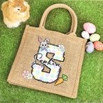 Personalized Cute Easter Bunny Carrot Initial Jute Tote Bag with Name Birthday Easter Party Gift for Kids