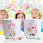 Personalisierte rosa Schleife Hase erste wiederverwendbare Leinwand Korb mit Namen Ei Jagd Zubehör Geburtstag Party Geschenk für Jungen Mädchen