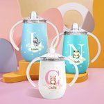 Personalized Initial Forest Animals 10oz Insulated Name Sippy Cup with Lid and Handle Birthday Baby Shower Back to School Gift for Toddler Kids