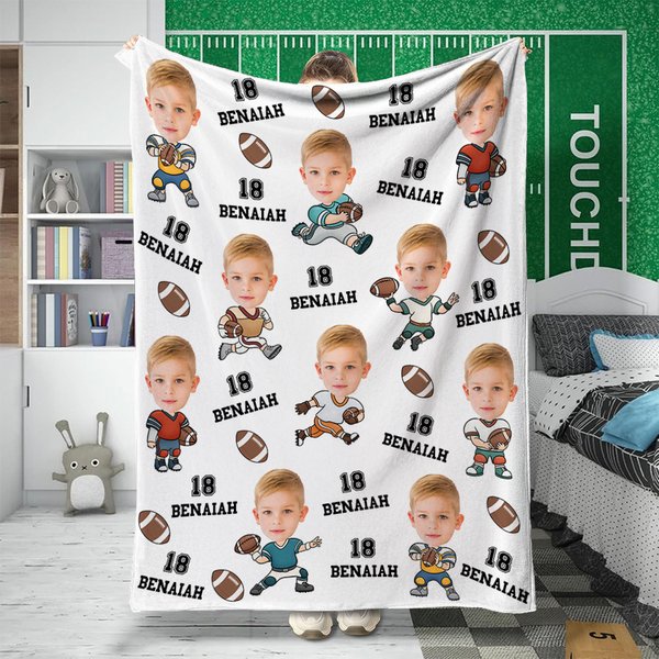 Personalized Cartoon Face Photo Football Player Soft Throw Blanket with Name Home Decor Birthday Gift for Kids Football Lovers